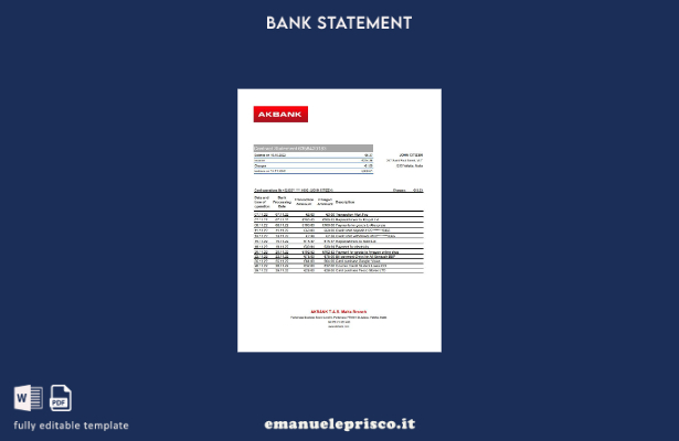 Modello Excel di estratto conto bancario Malta Akbank in stile verificato